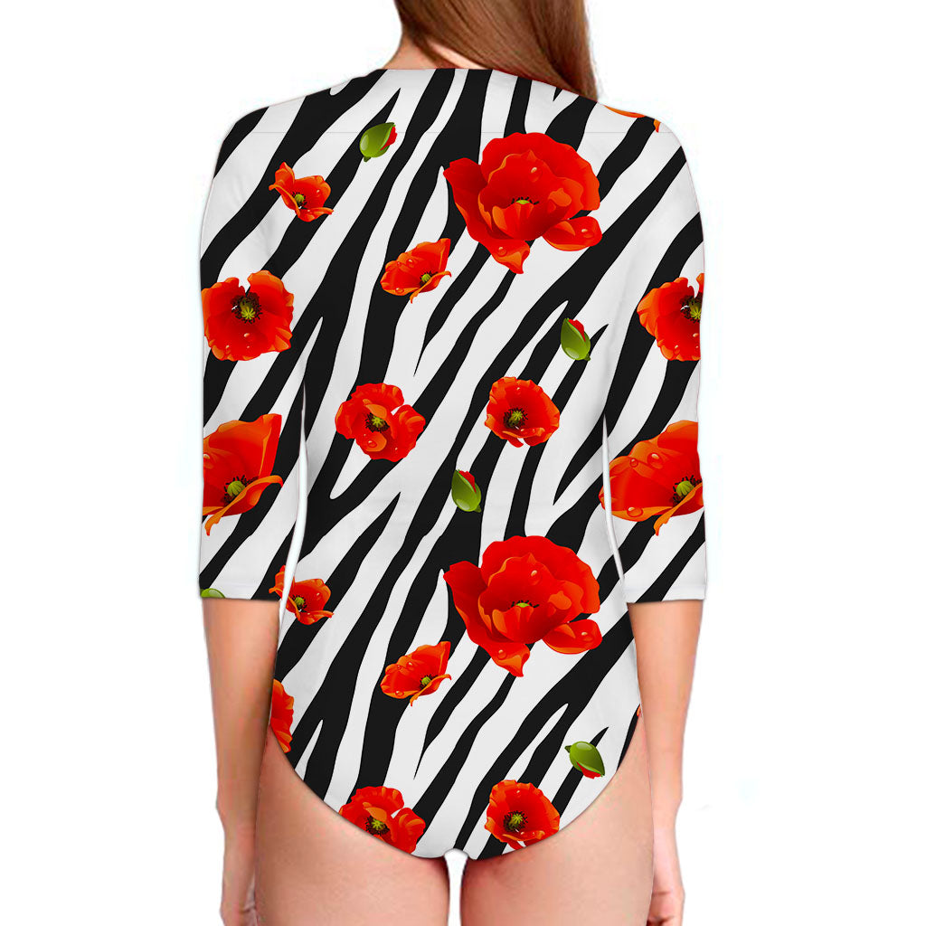 Black White Zebra Flower Pattern Print Long Sleeve Swimsuit