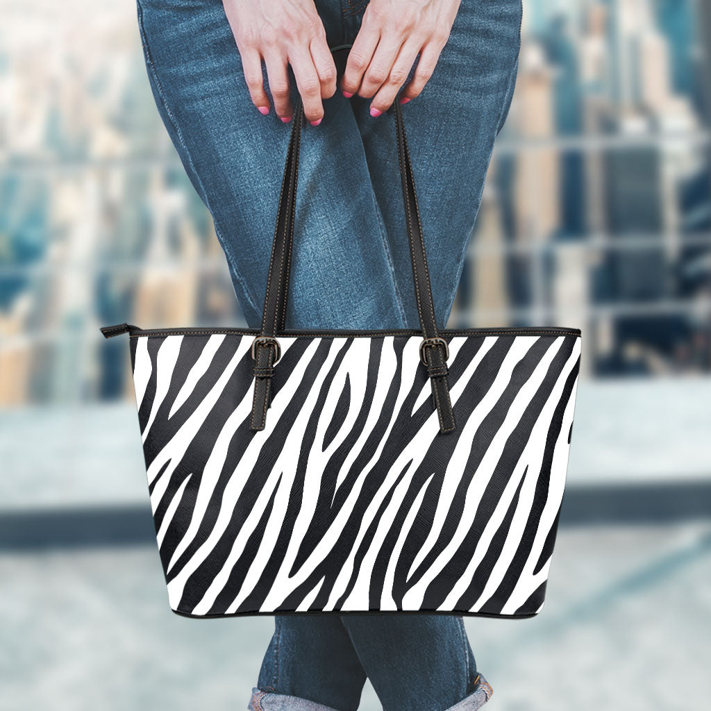 Black White Zebra Pattern Print Leather Tote Bag