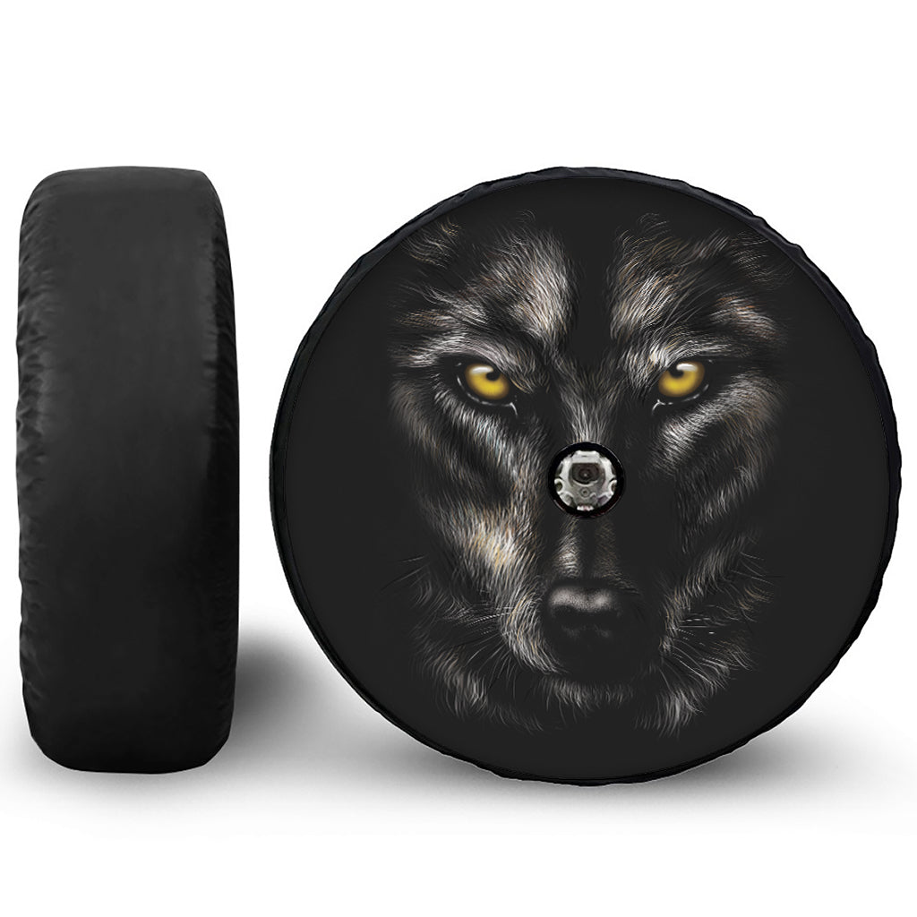 Black Wolf Portrait Print Tire Cover With Camera Hole