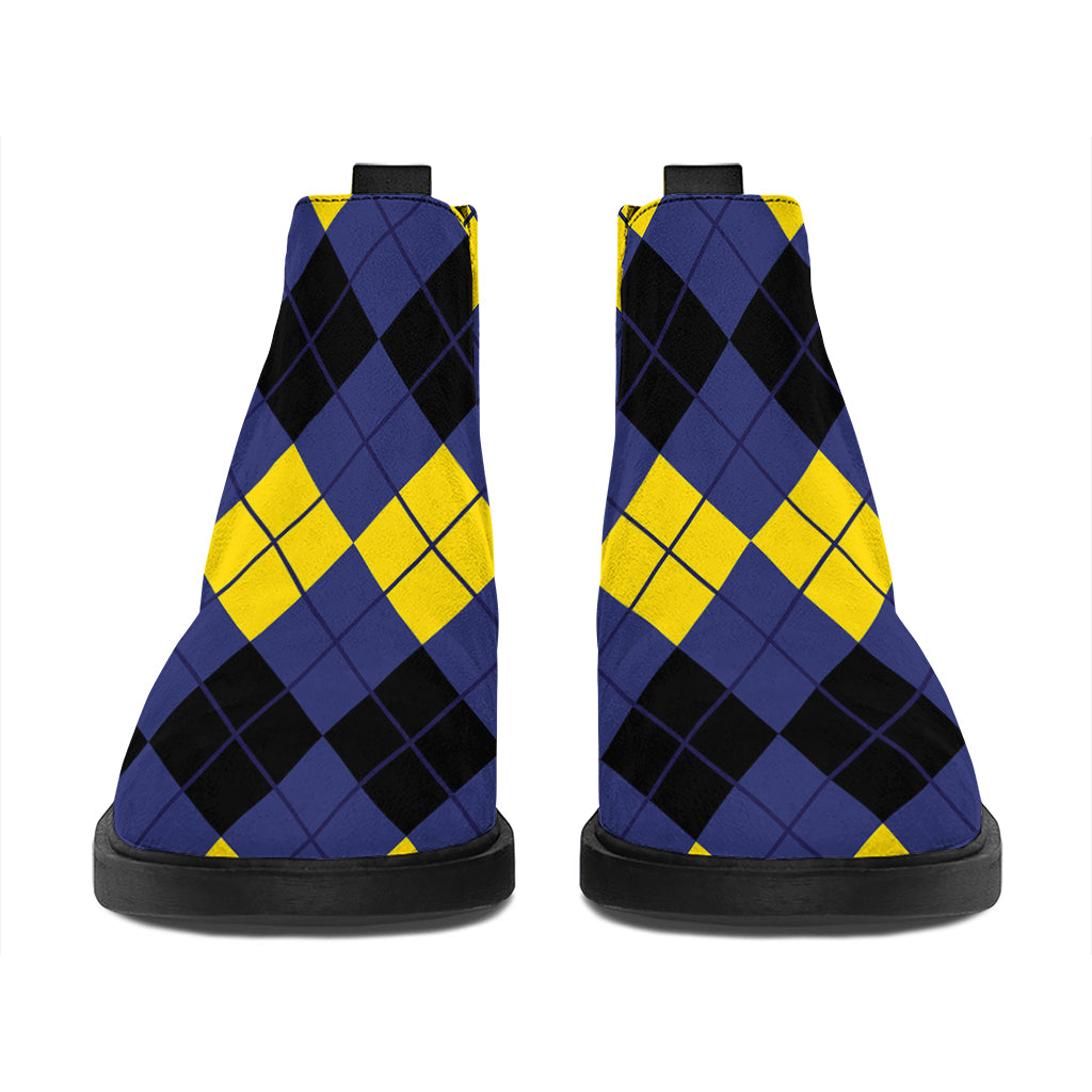 Black Yellow And Blue Argyle Print Flat Ankle Boots