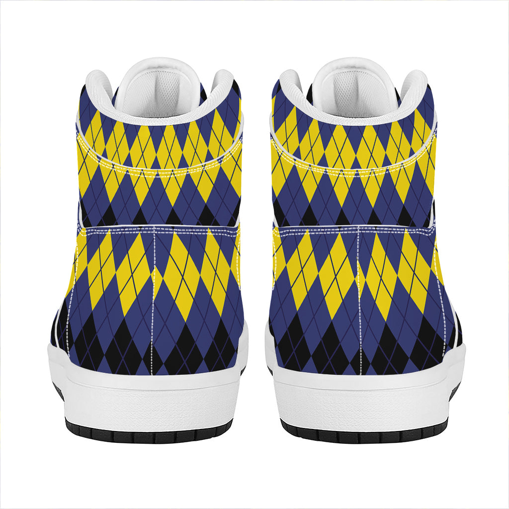 Black Yellow And Blue Argyle Print High Top Leather Sneakers