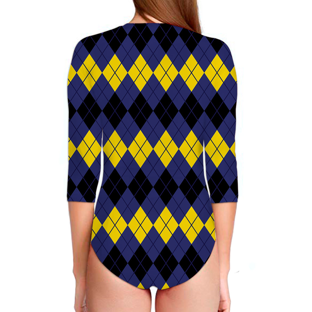 Black Yellow And Blue Argyle Print Long Sleeve Swimsuit
