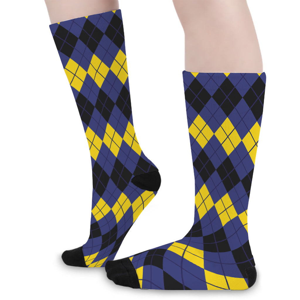 Black Yellow And Blue Argyle Print Long Socks