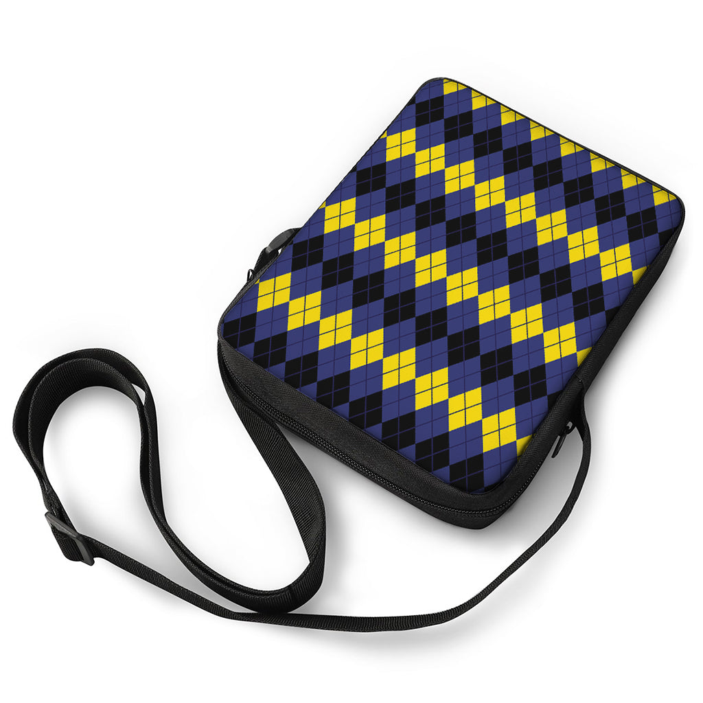 Black Yellow And Blue Argyle Print Rectangular Crossbody Bag