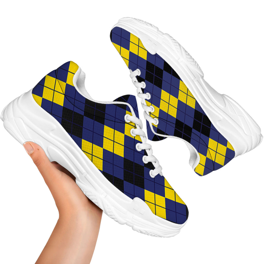Black Yellow And Blue Argyle Print White Chunky Shoes