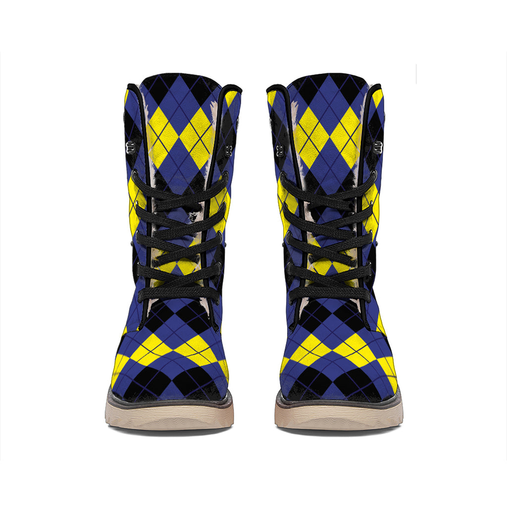 Black Yellow And Blue Argyle Print Winter Boots
