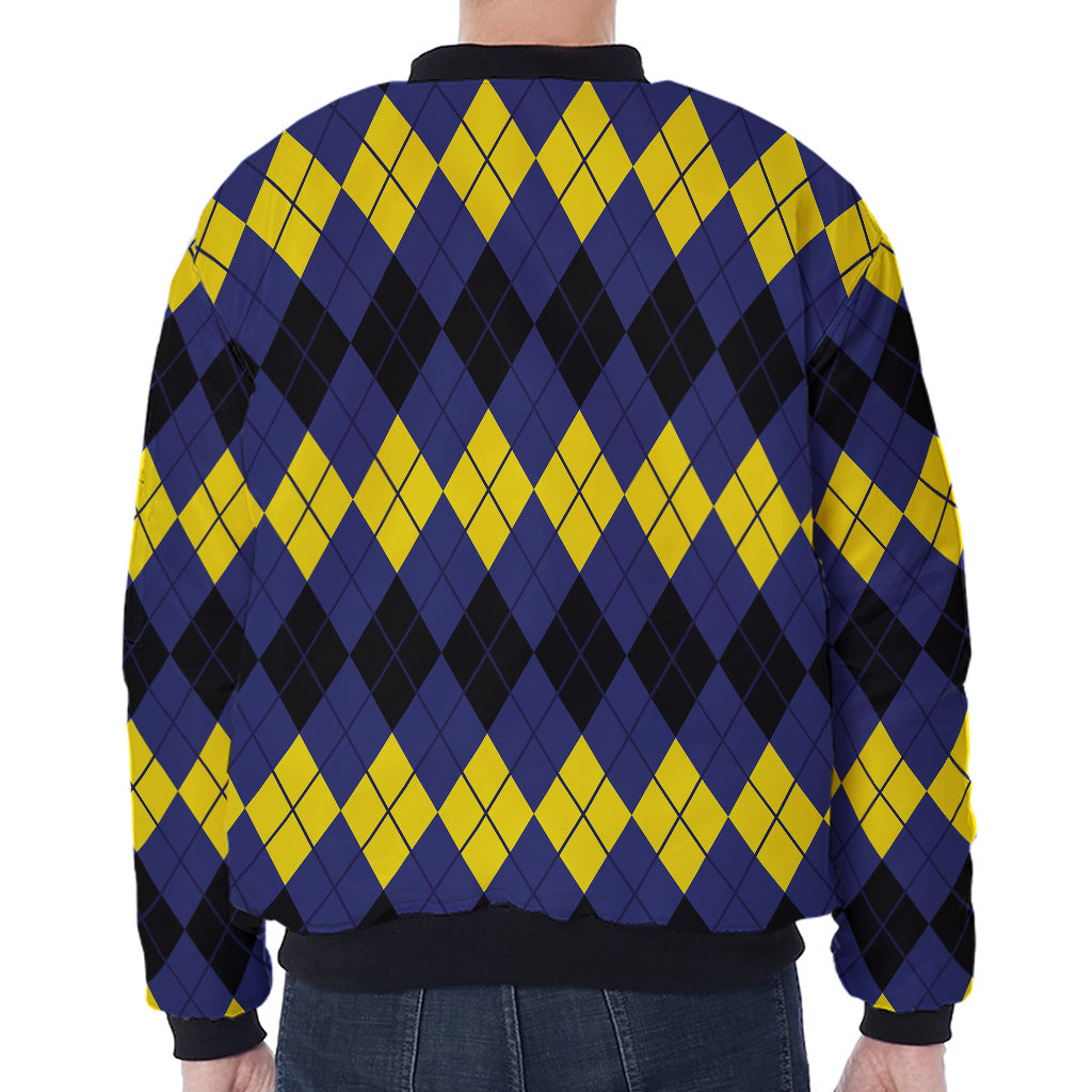 Black Yellow And Blue Argyle Print Zip Sleeve Bomber Jacket