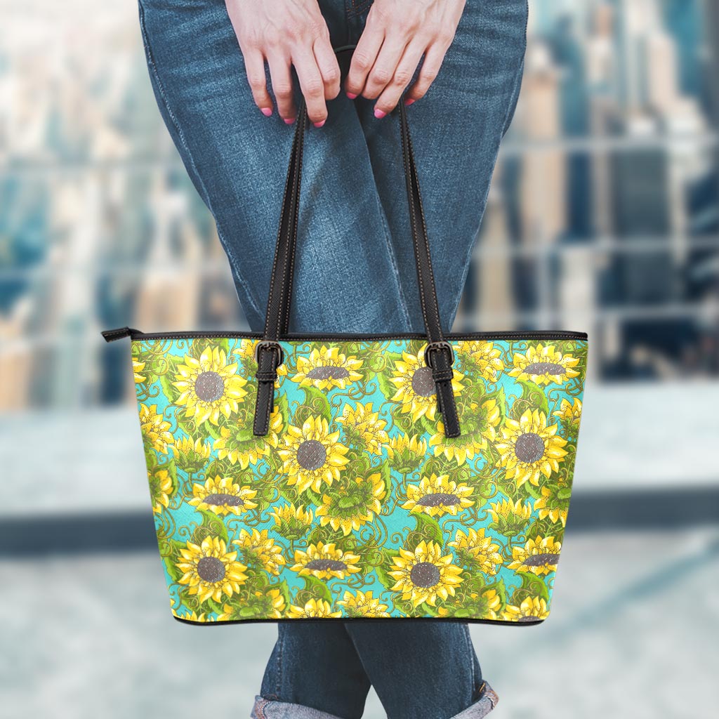 Blooming Sunflower Pattern Print Leather Tote Bag