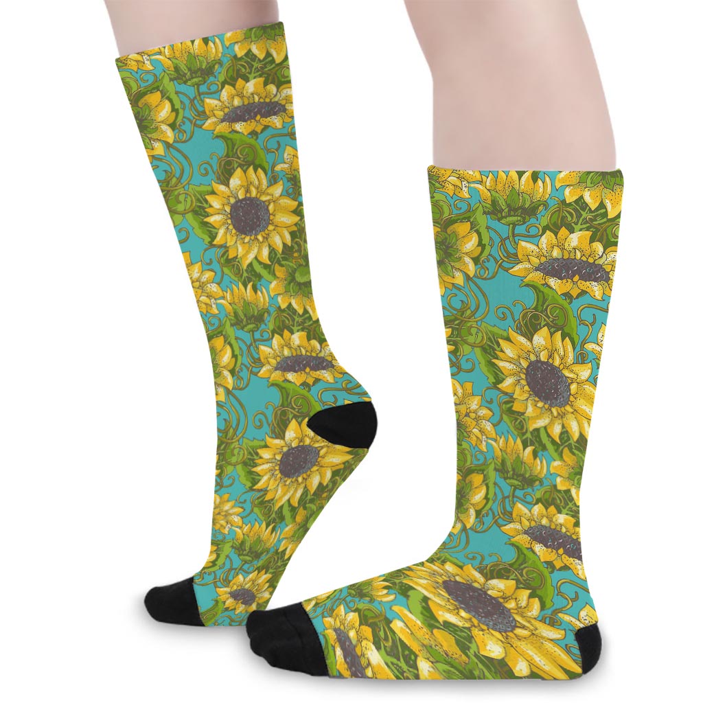 Blooming Sunflower Pattern Print Long Socks