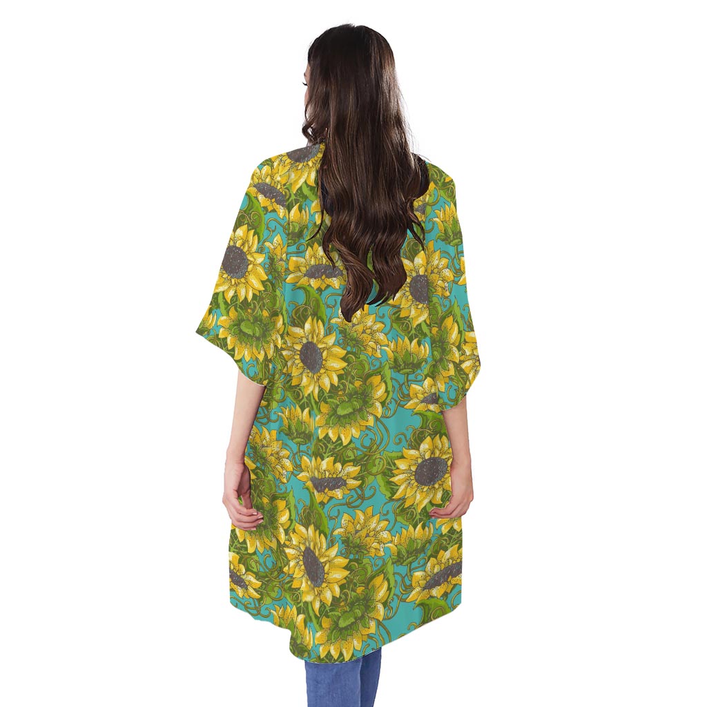 Blooming Sunflower Pattern Print Open Front Beach Cover Up