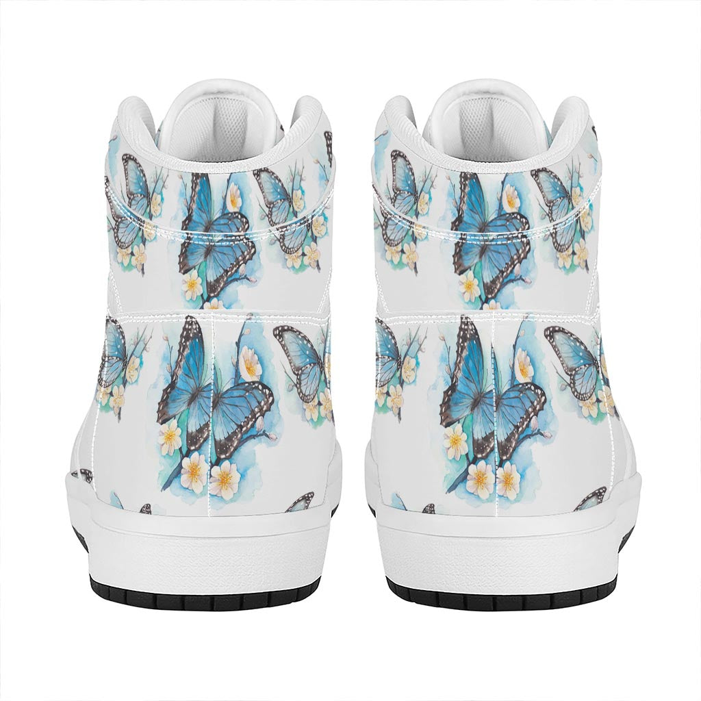 Blossom Blue Butterfly Pattern Print High Top Leather Sneakers
