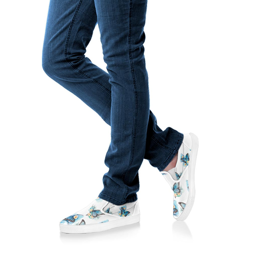Blossom Blue Butterfly Pattern Print White Slip On Sneakers