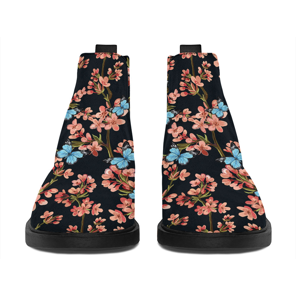 Blossom Flower Butterfly Print Flat Ankle Boots