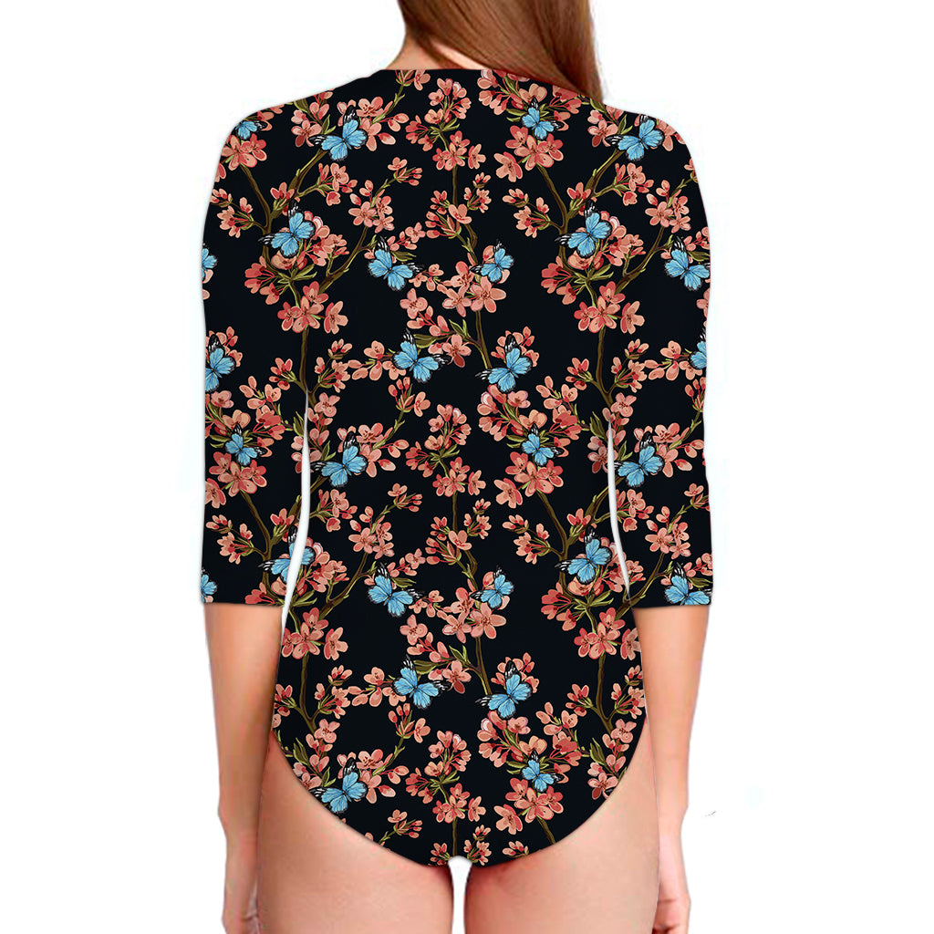 Blossom Flower Butterfly Print Long Sleeve Swimsuit