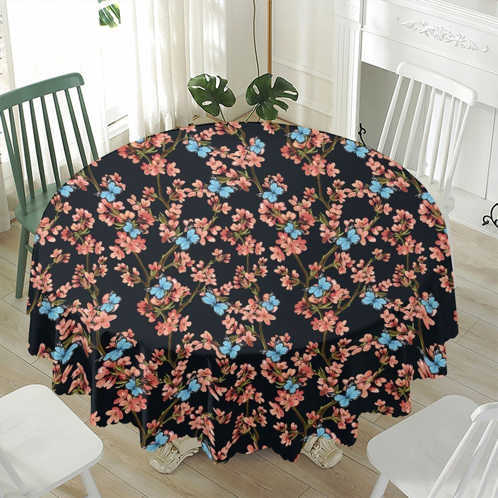 Blossom Flower Butterfly Print Waterproof Round Tablecloth