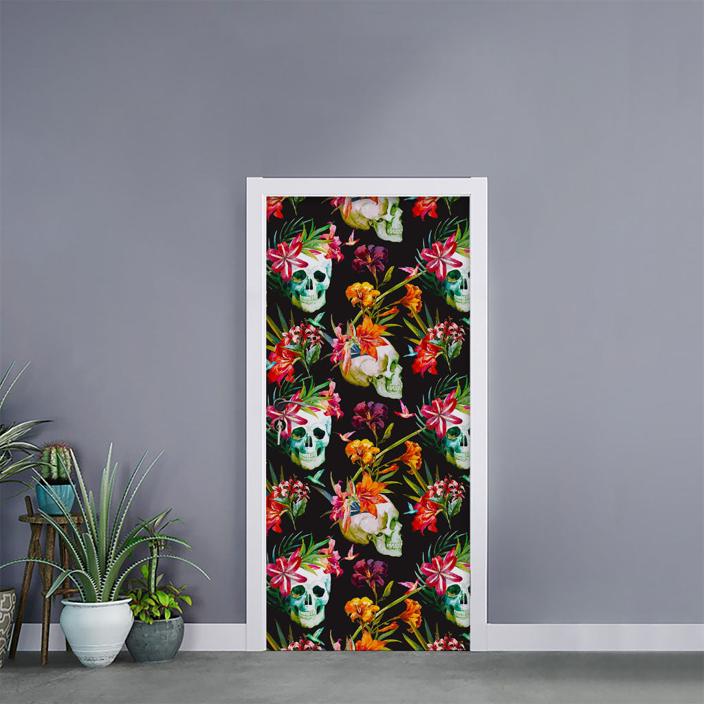 Blossom Flowers Skull Pattern Print Door Sticker