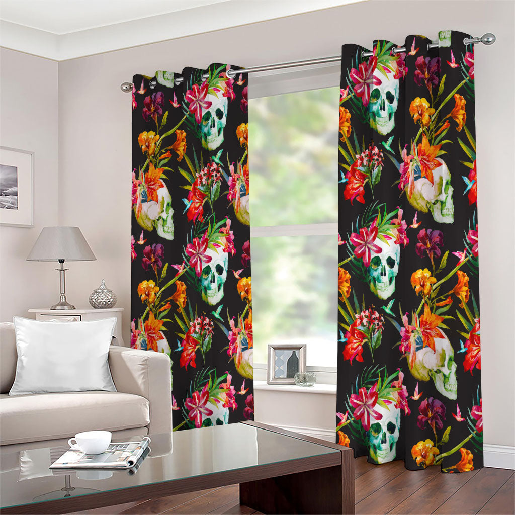 Blossom Flowers Skull Pattern Print Extra Wide Grommet Curtains