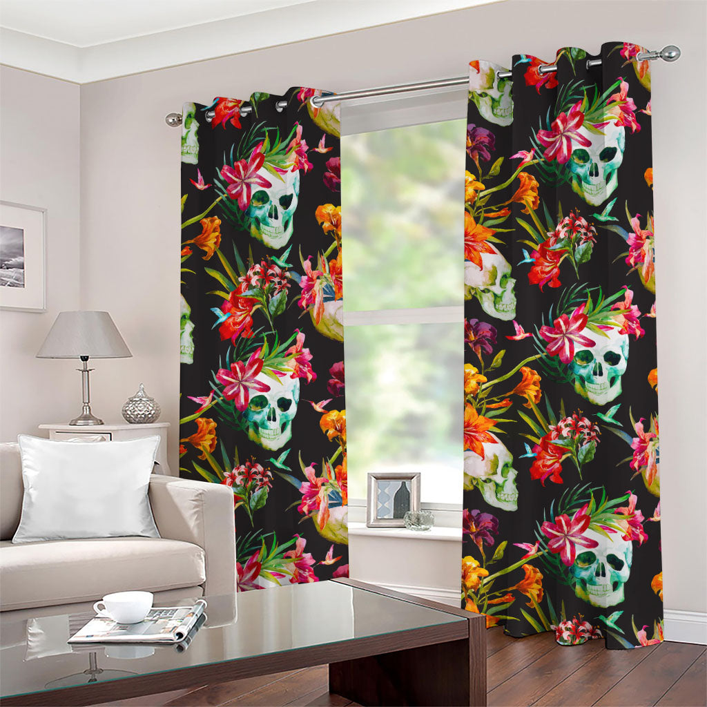 Blossom Flowers Skull Pattern Print Grommet Curtains