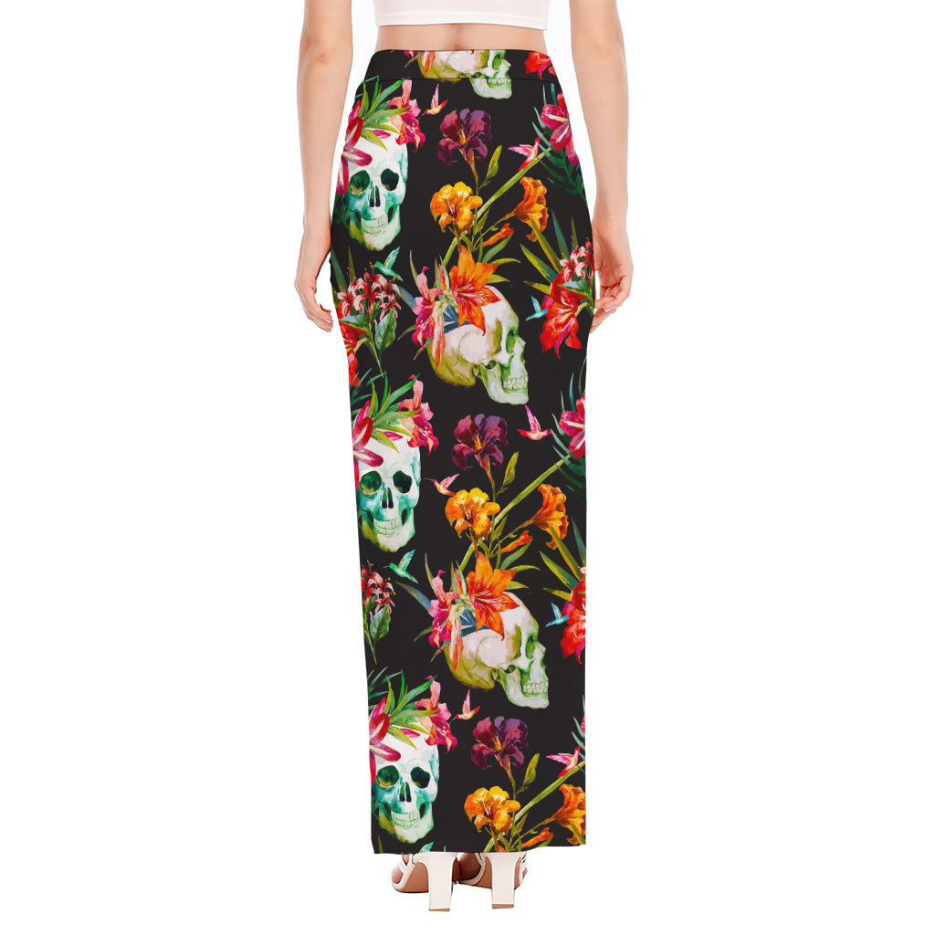 Blossom Flowers Skull Pattern Print High Slit Maxi Skirt