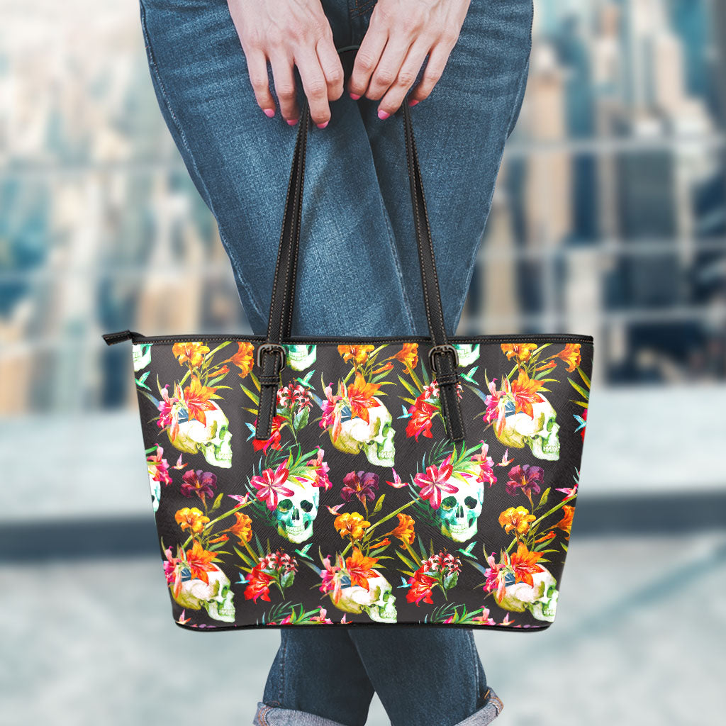Blossom Flowers Skull Pattern Print Leather Tote Bag