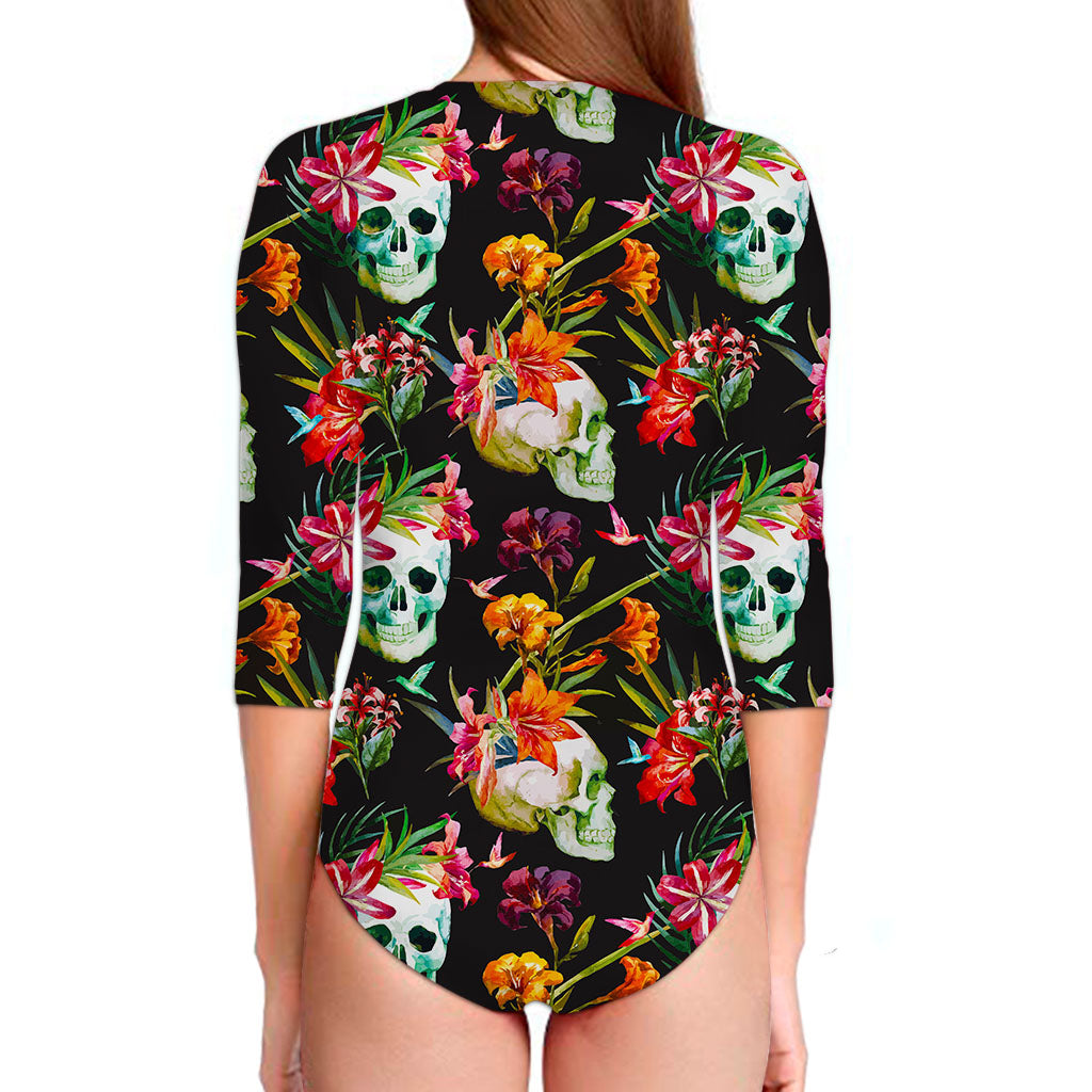 Blossom Flowers Skull Pattern Print Long Sleeve Swimsuit