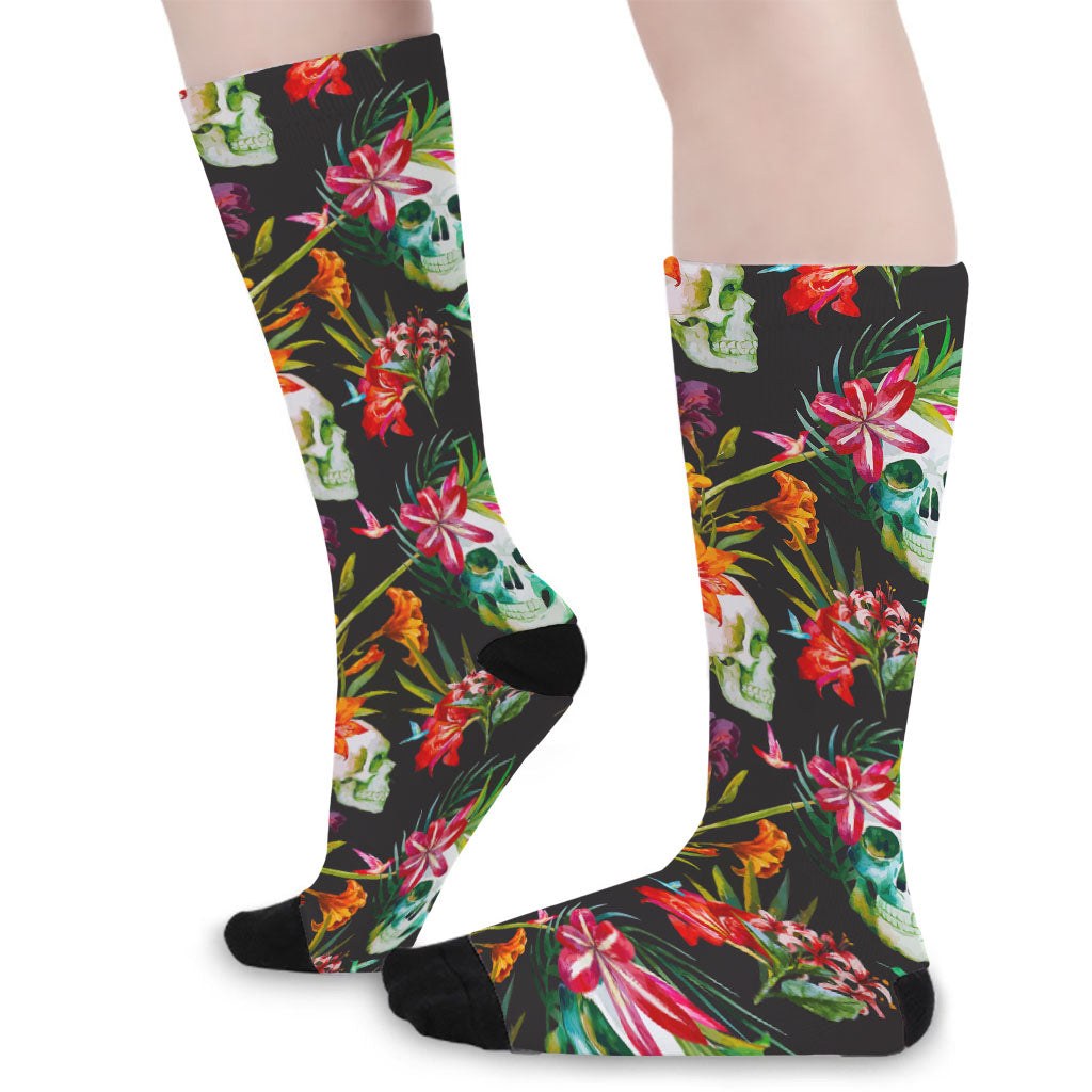Blossom Flowers Skull Pattern Print Long Socks