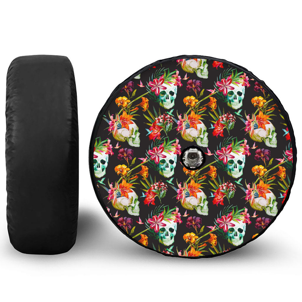 Blossom Flowers Skull Pattern Print Tire Cover With Camera Hole