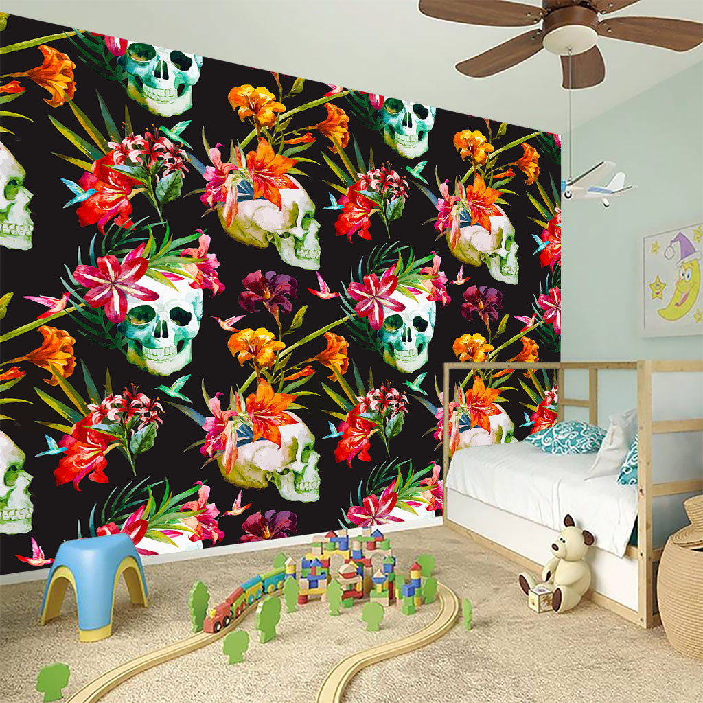 Blossom Flowers Skull Pattern Print Wall Sticker