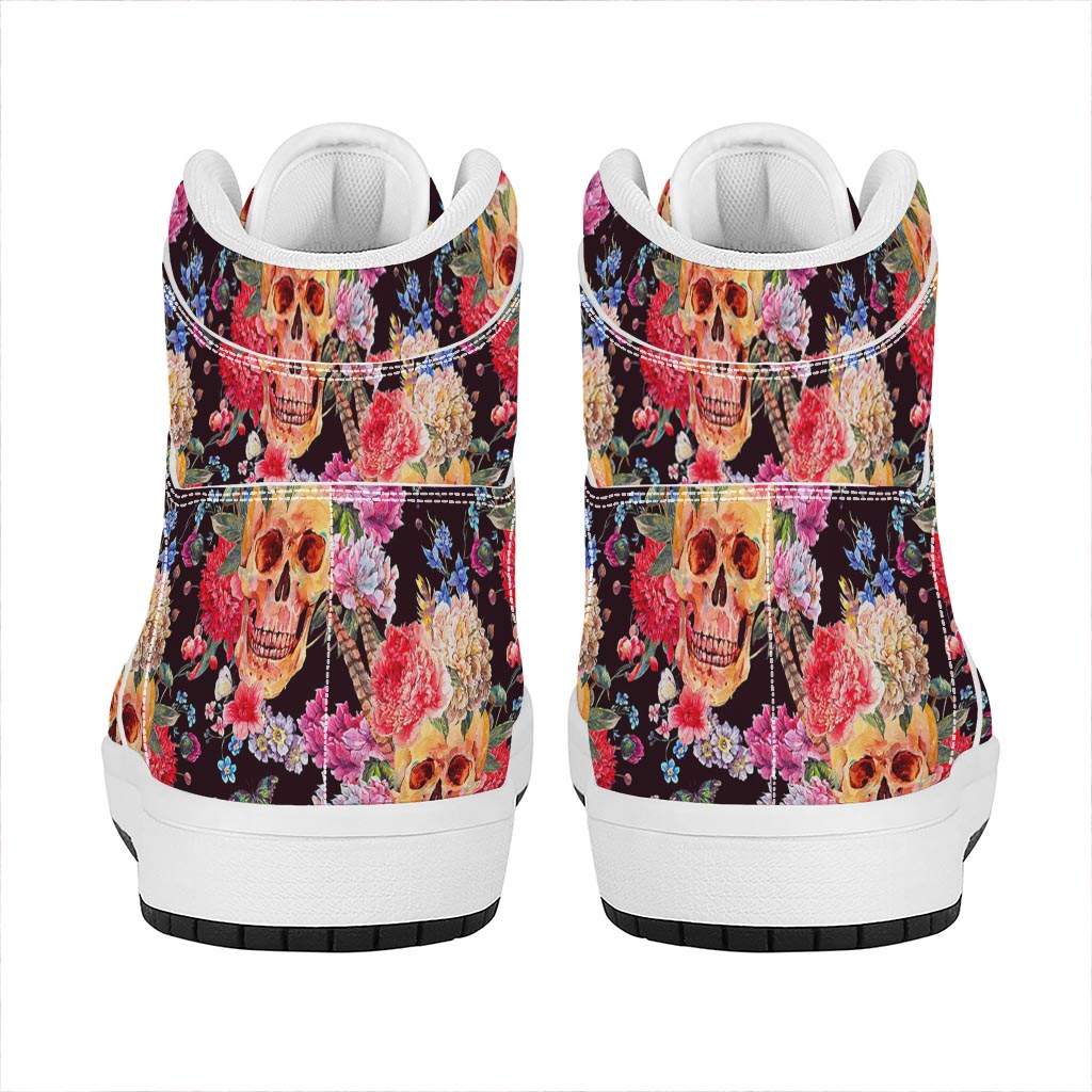 Blossom Peony Skull Pattern Print High Top Leather Sneakers