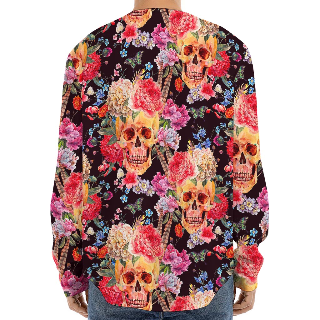 Blossom Peony Skull Pattern Print Long Sleeve Baseball Jersey