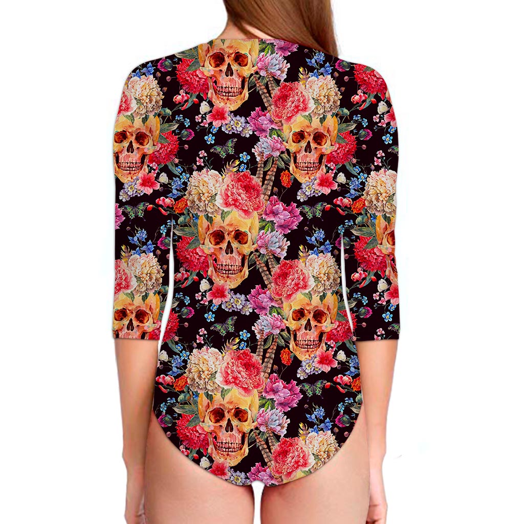Blossom Peony Skull Pattern Print Long Sleeve Swimsuit