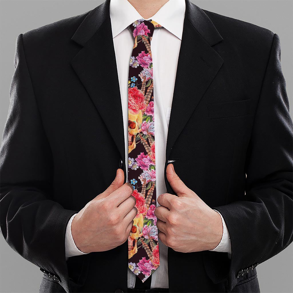 Blossom Peony Skull Pattern Print Necktie