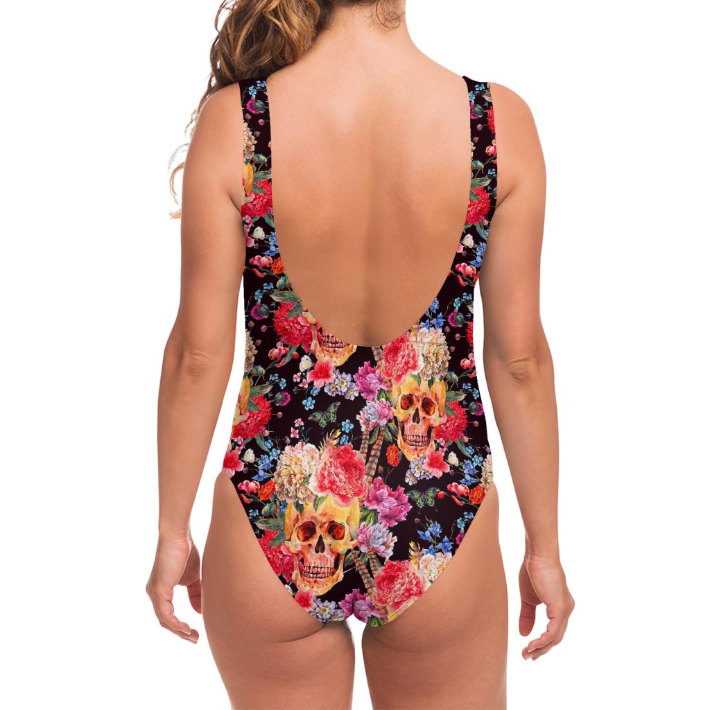 Blossom Peony Skull Pattern Print One Piece Swimsuit