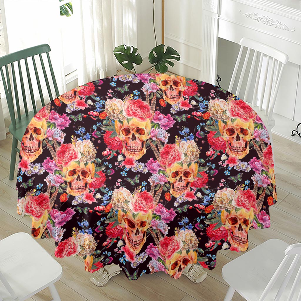 Blossom Peony Skull Pattern Print Waterproof Round Tablecloth