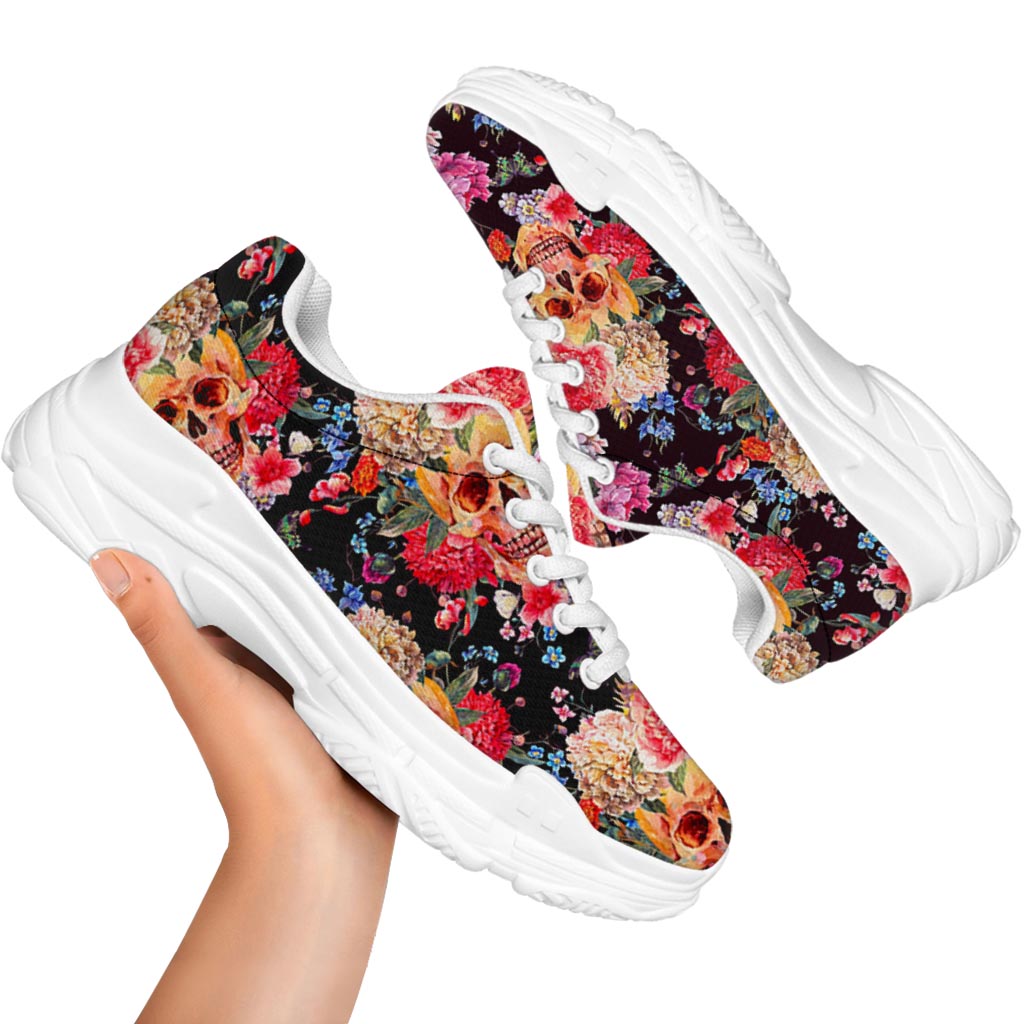 Blossom Peony Skull Pattern Print White Chunky Shoes