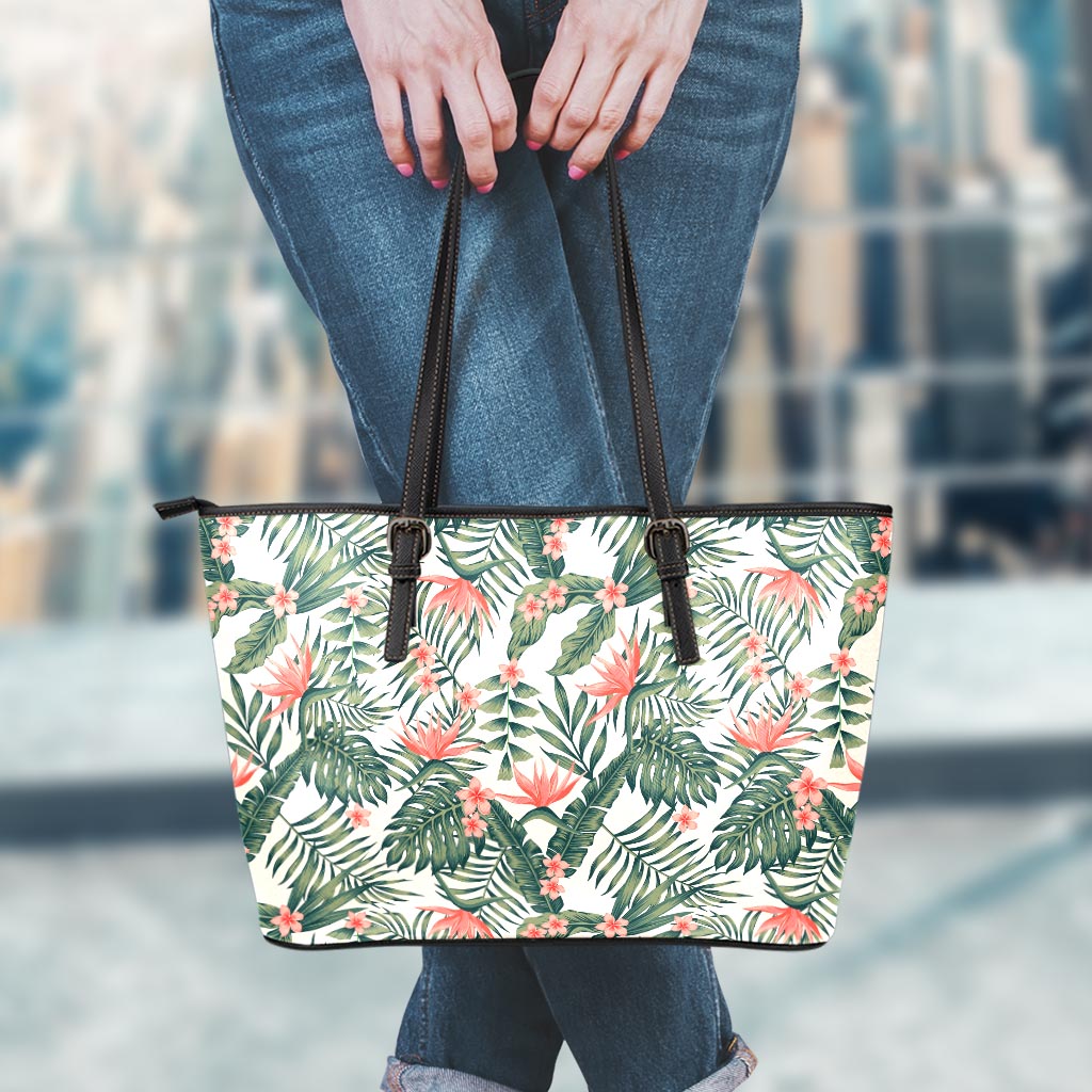 Blossom Tropical Leaves Pattern Print Leather Tote Bag
