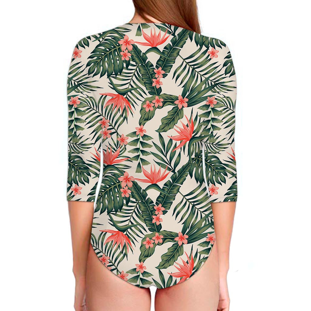 Blossom Tropical Leaves Pattern Print Long Sleeve Swimsuit