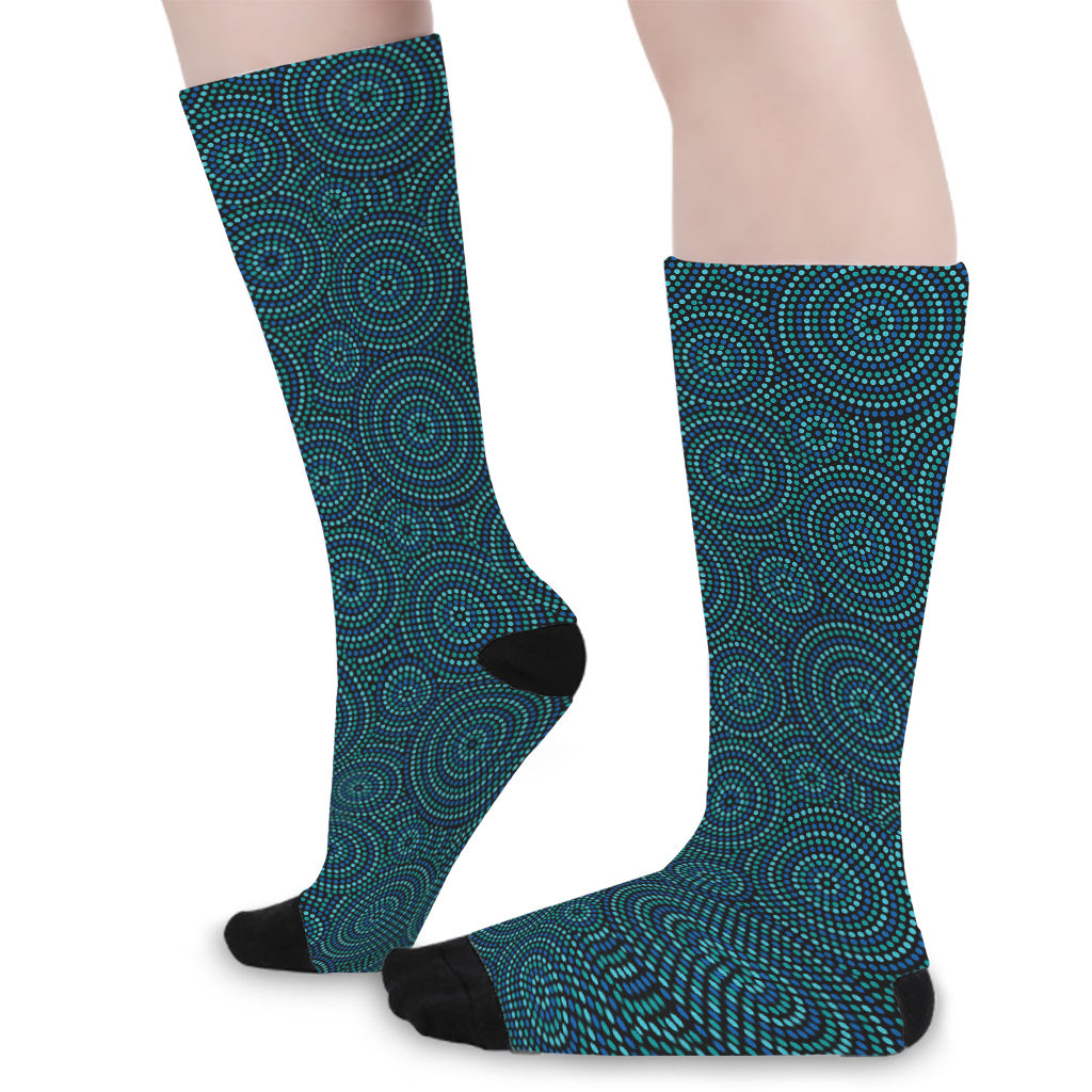 Blue Aboriginal Dot Pattern Print Long Socks