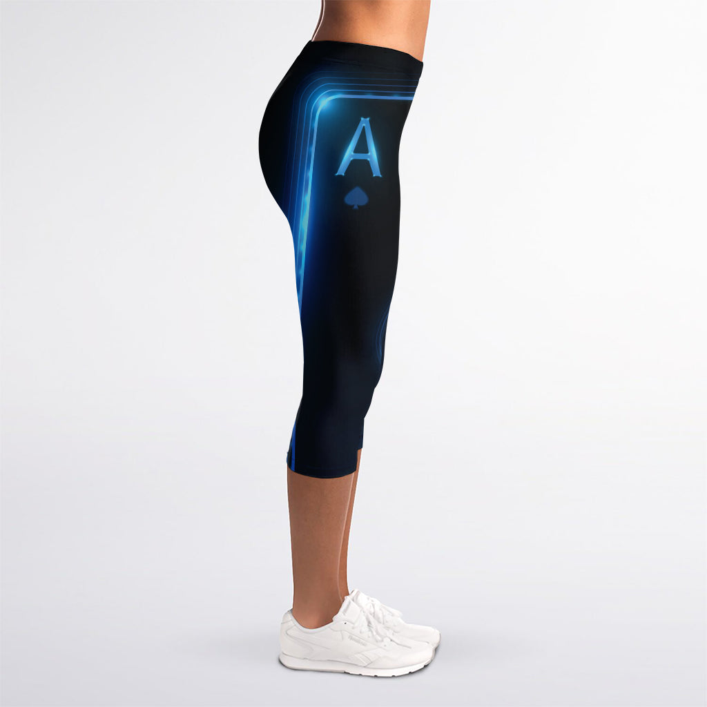 Blue Ace Card Print Women's Capri Leggings