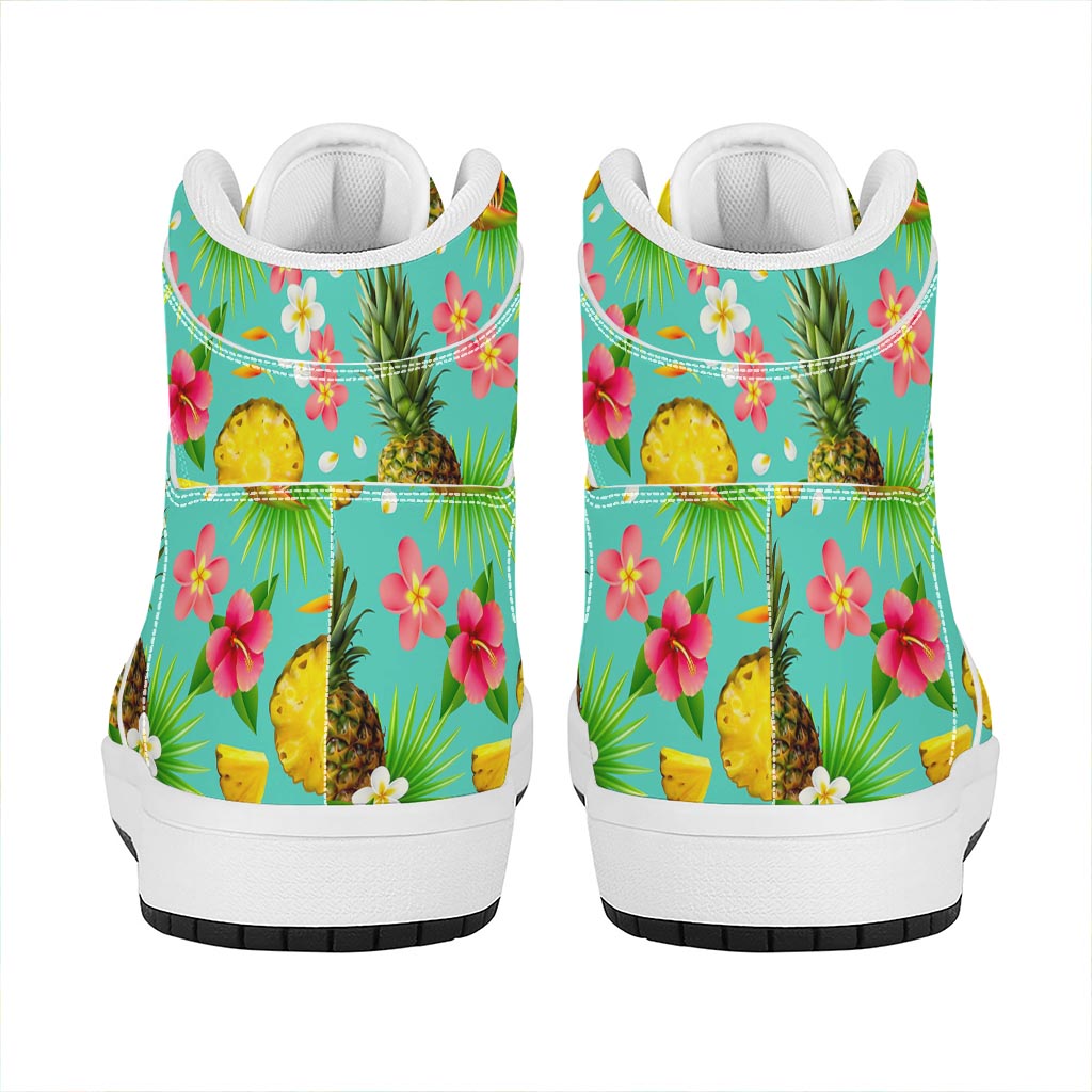Blue Aloha Pineapple Pattern Print High Top Leather Sneakers