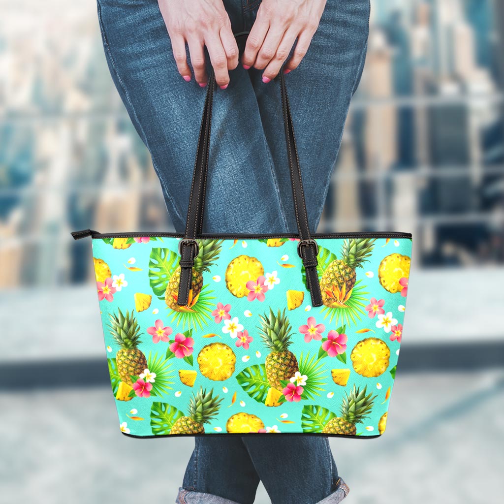 Blue Aloha Pineapple Pattern Print Leather Tote Bag