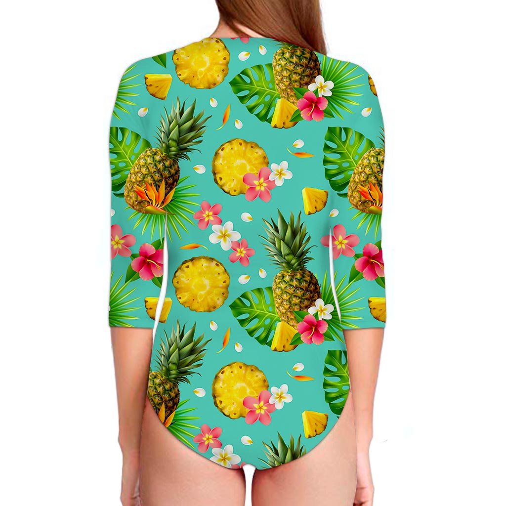 Blue Aloha Pineapple Pattern Print Long Sleeve Swimsuit