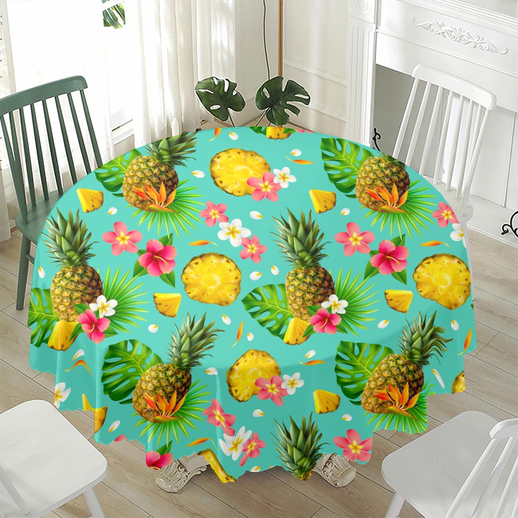 Blue Aloha Pineapple Pattern Print Waterproof Round Tablecloth