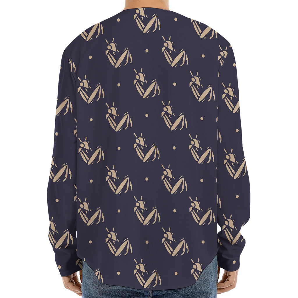 Blue And Beige Mantis Pattern Print Long Sleeve Baseball Jersey