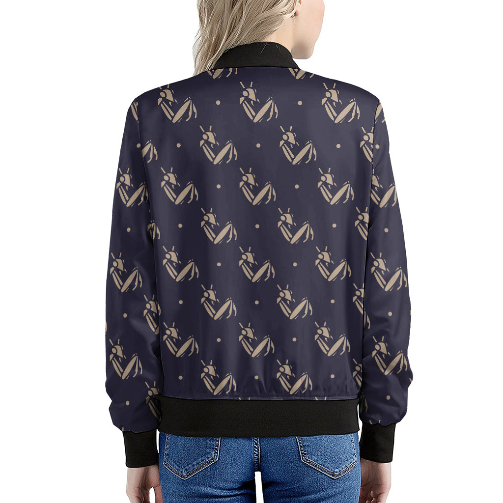 Blue And Beige Mantis Pattern Print Women's Bomber Jacket