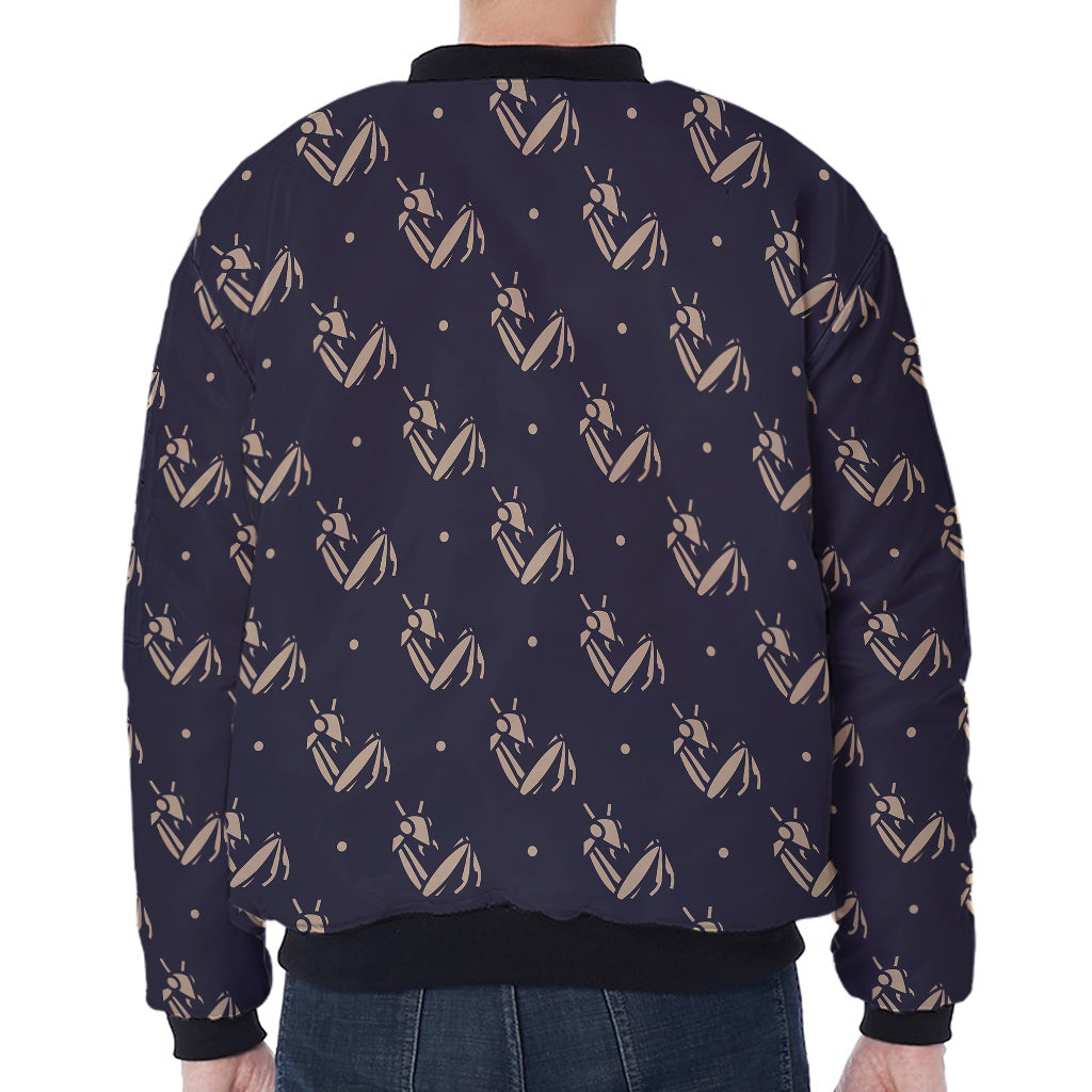 Blue And Beige Mantis Pattern Print Zip Sleeve Bomber Jacket