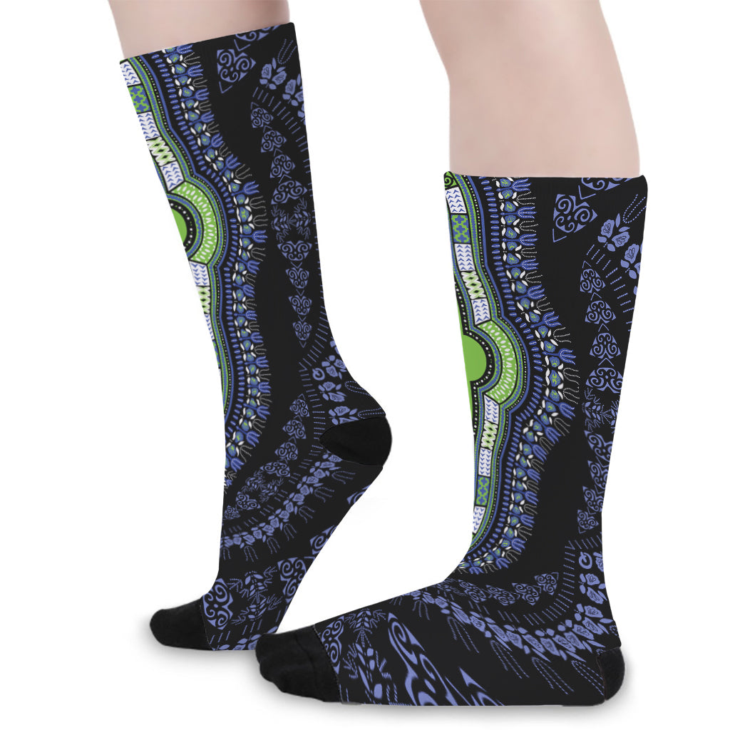 Blue And Black African Dashiki Print Long Socks