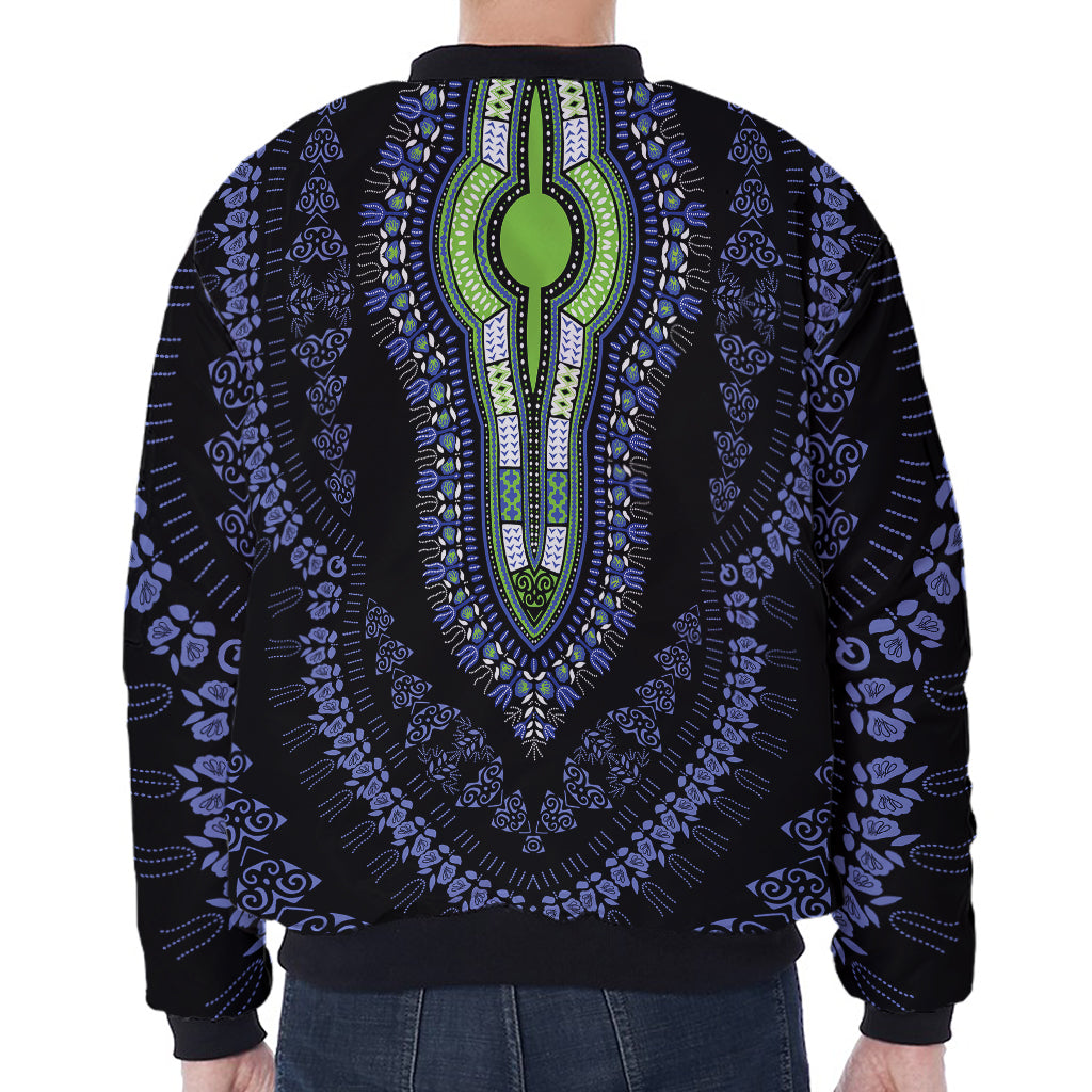 Blue And Black African Dashiki Print Zip Sleeve Bomber Jacket