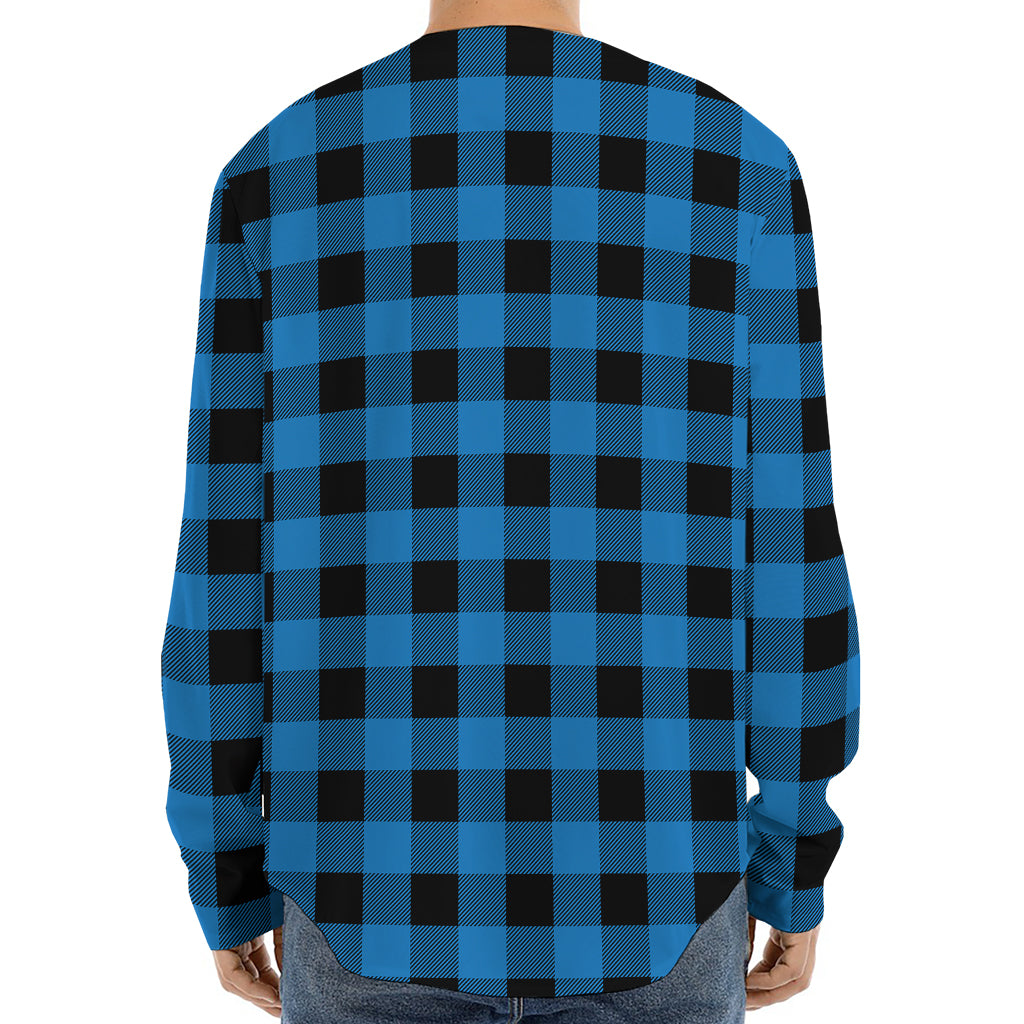 Blue And Black Buffalo Check Print Long Sleeve Baseball Jersey