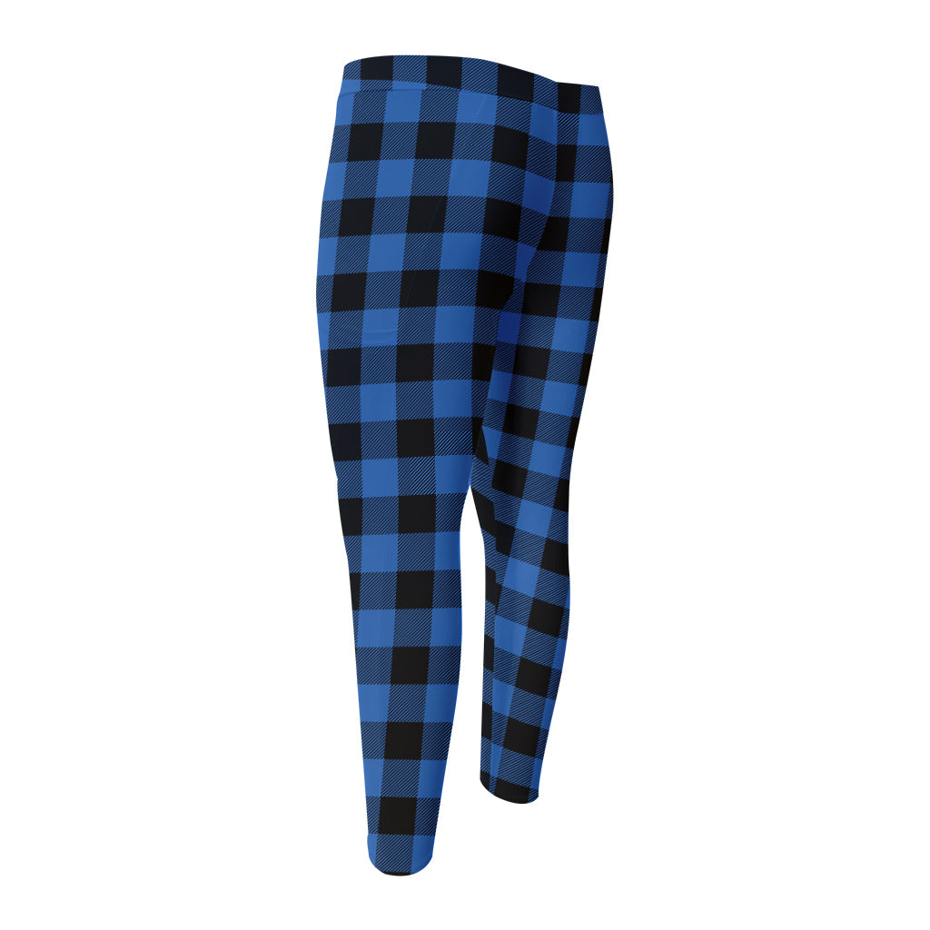 Blue And Black Buffalo Plaid Print Men's Compression Pants